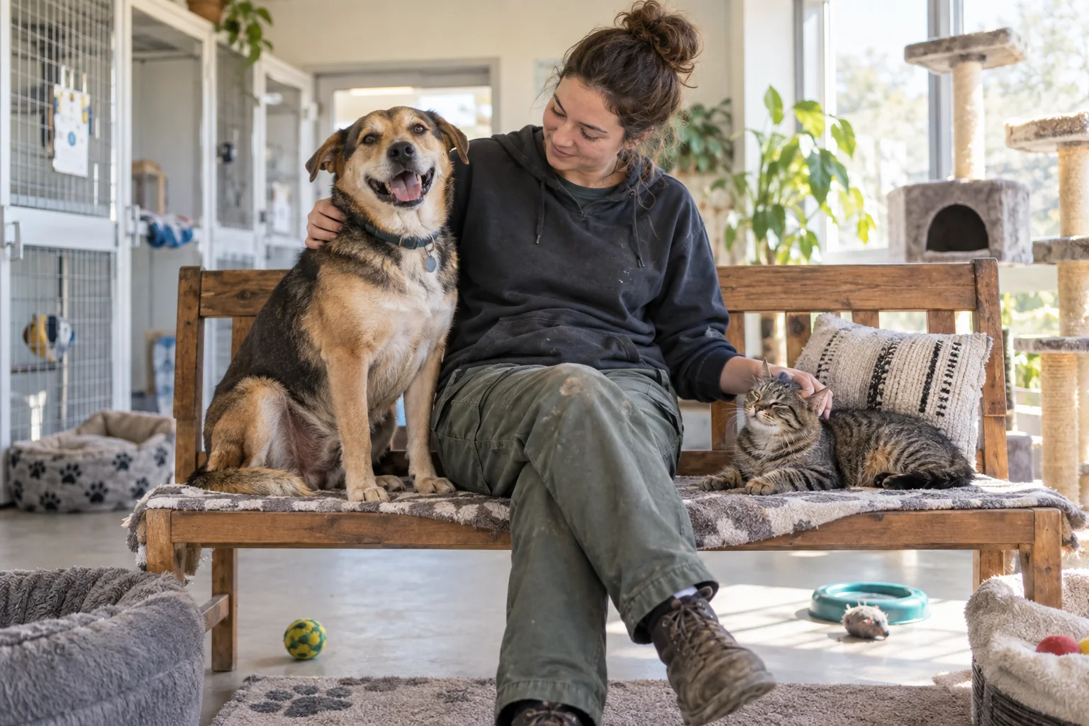 Animal care worker sitting with a dog and cat in a bright room