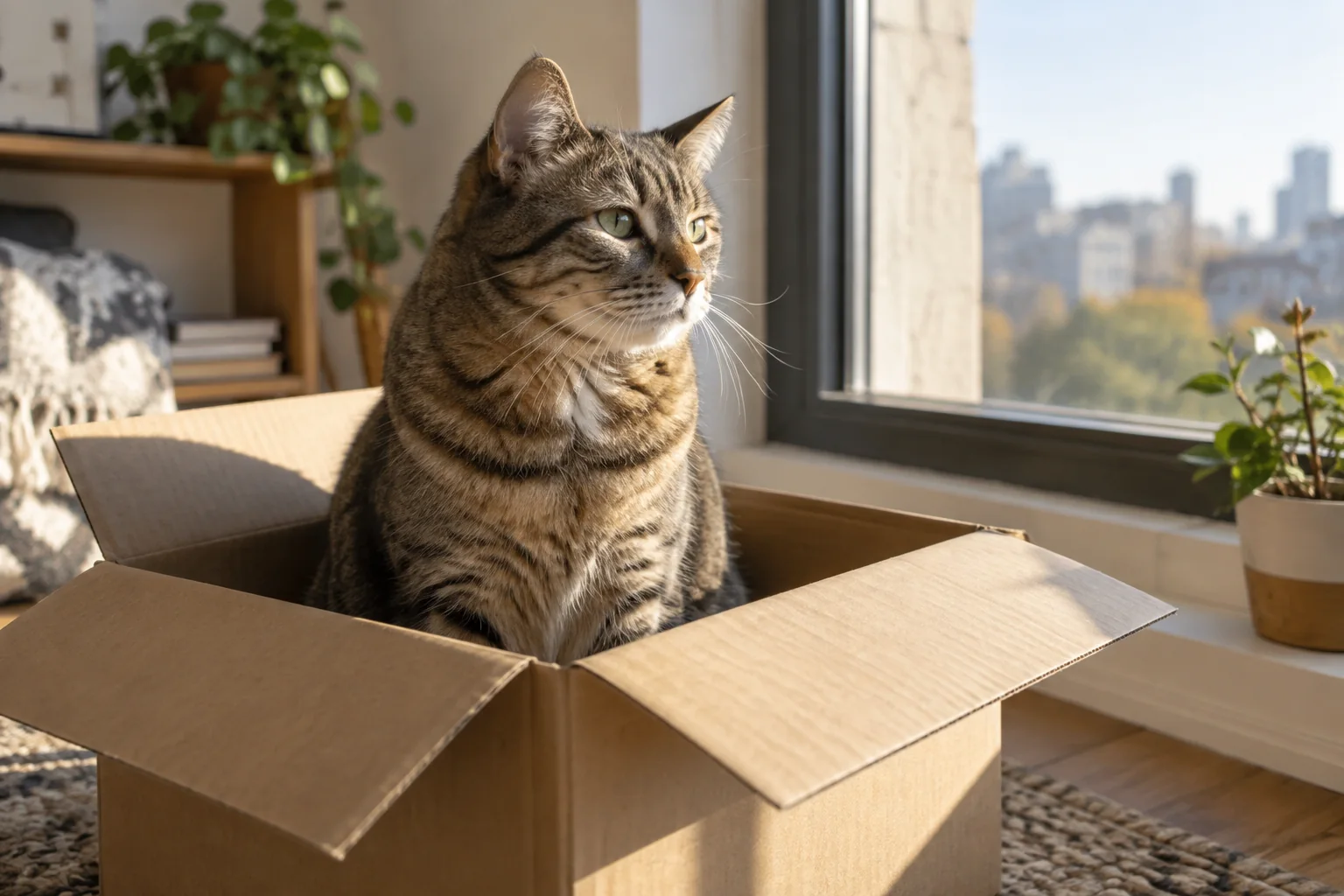 Tabby cat resting in a cardboard box beside a sunny window