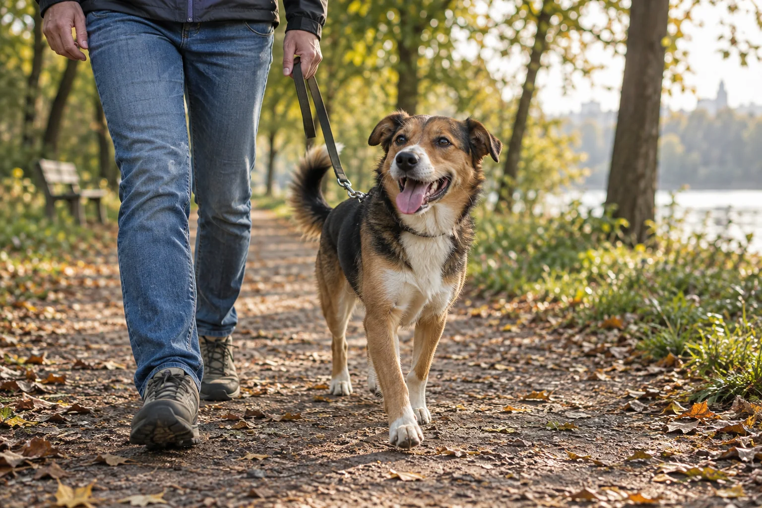 Dog walking with a person on a sunlit park path
